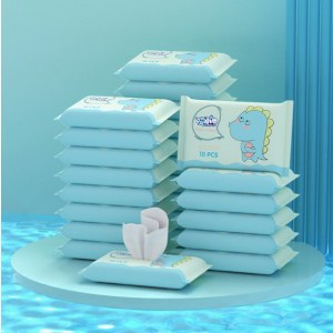 10片装湿巾婴幼儿手口清洁便携湿纸巾抽取式十片一次性湿巾母婴用绿恐龙10片装1包